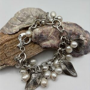 Silpada Silver Bracelet with Pearl and Leaf Charms